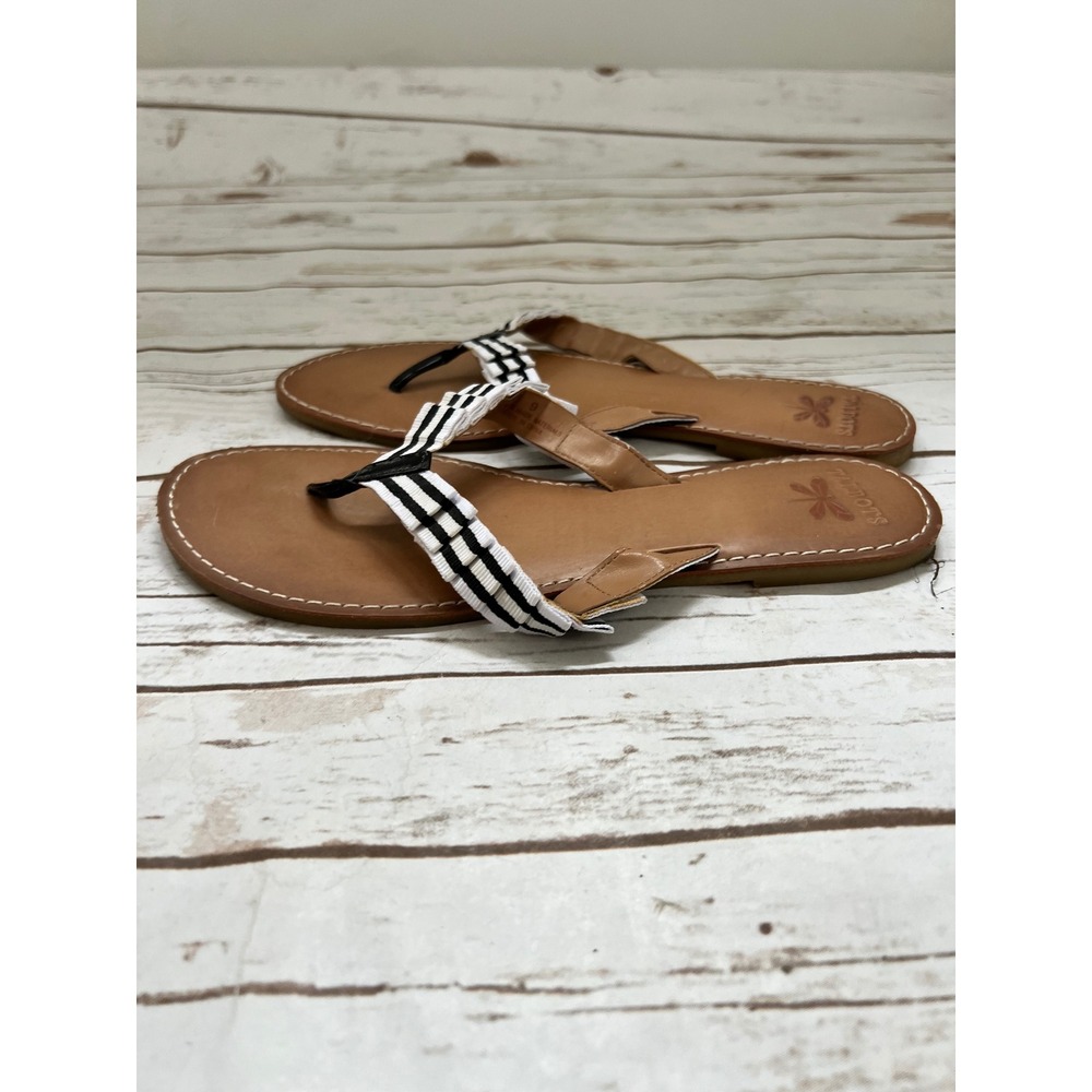Talbots Sandals Tan Black White Striped Ruffle Grosgrain Flat Thong 9
